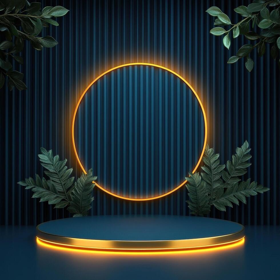 3d rendering of a neon circle on a stage with leaves photo