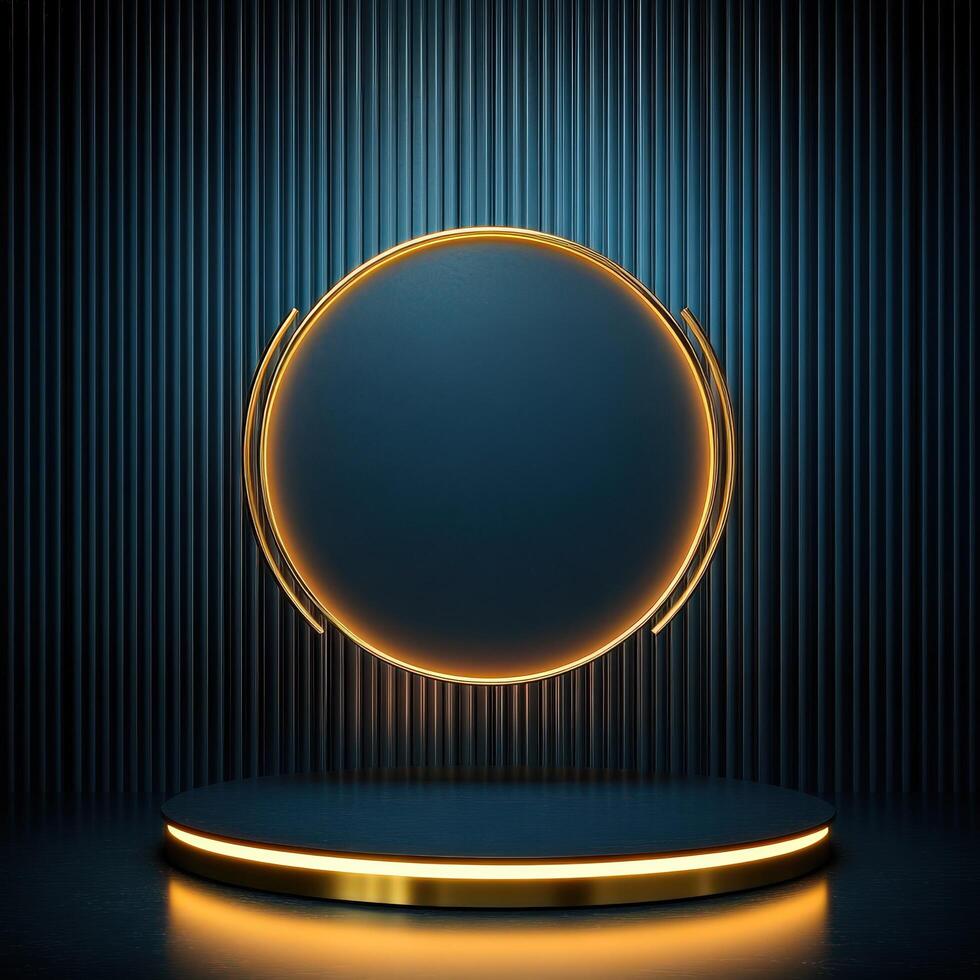 3d rendering of a round gold podium with a neon light photo