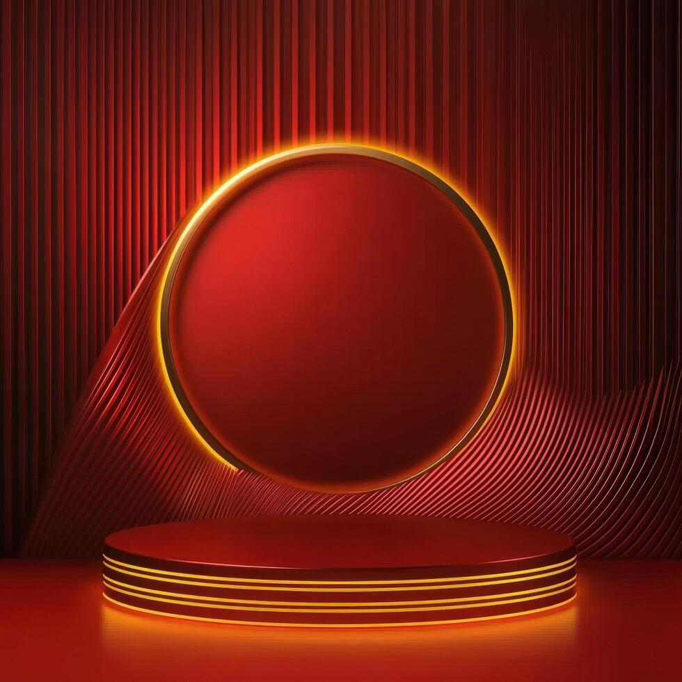 Red and gold podium with a round light on it photo