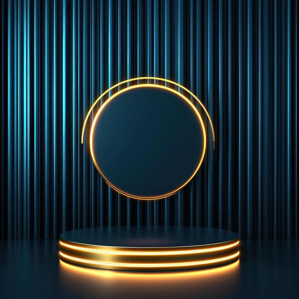 3d rendering of a neon light circle on a stage photo