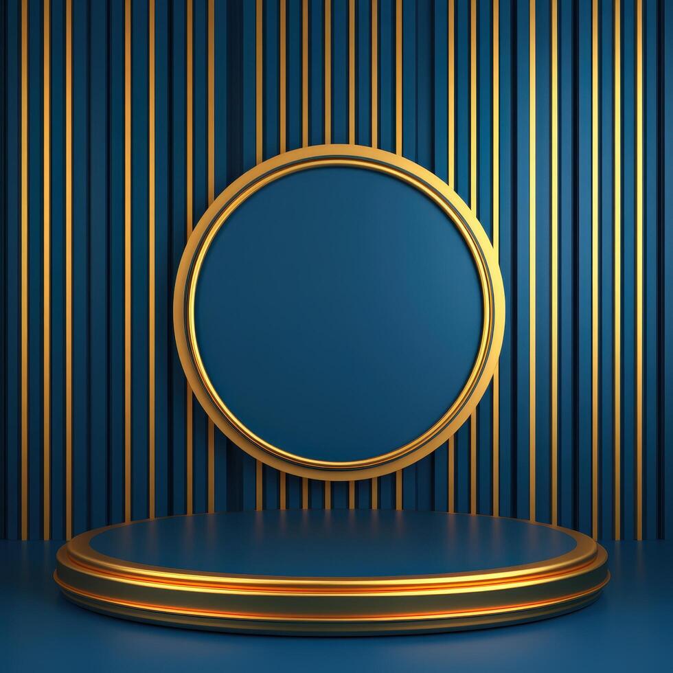 Golden round podium with blue background and striped wall background 3d rendering photo
