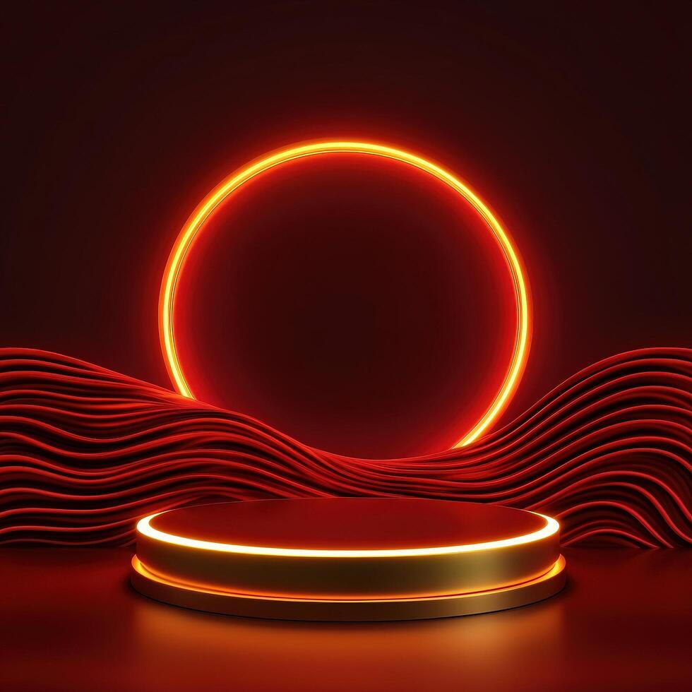 Red neon lights on a black background with waves photo