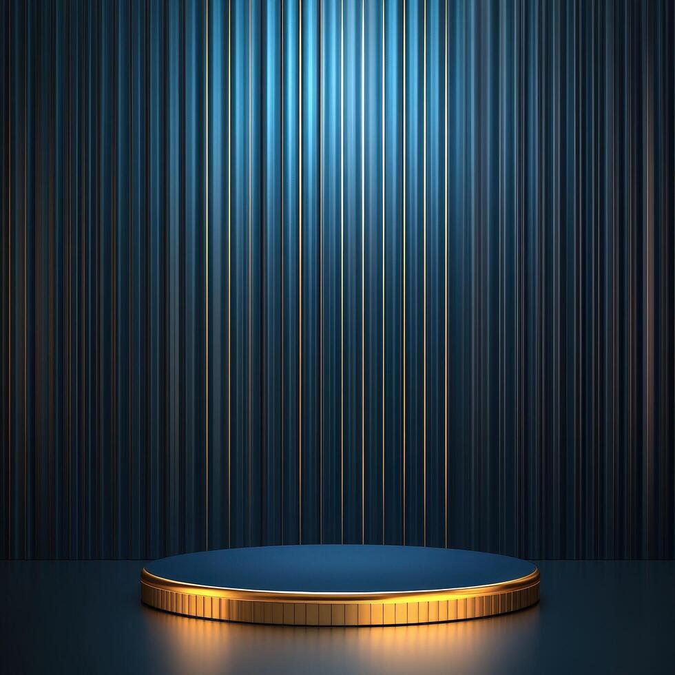 3d render of podium with blue background and gold lights photo