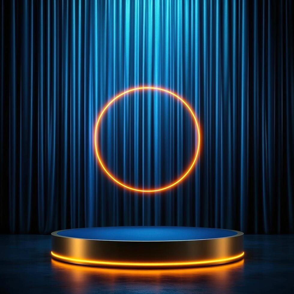 An empty stage with a spotlight and a blue curtain photo