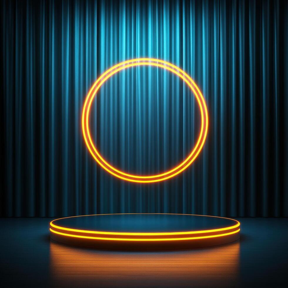 An empty stage with a neon ring on it photo