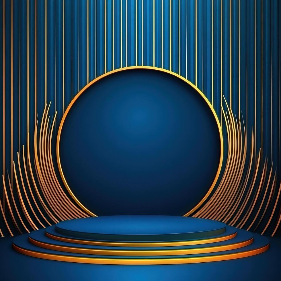 An abstract blue and gold stage with a circular stage photo
