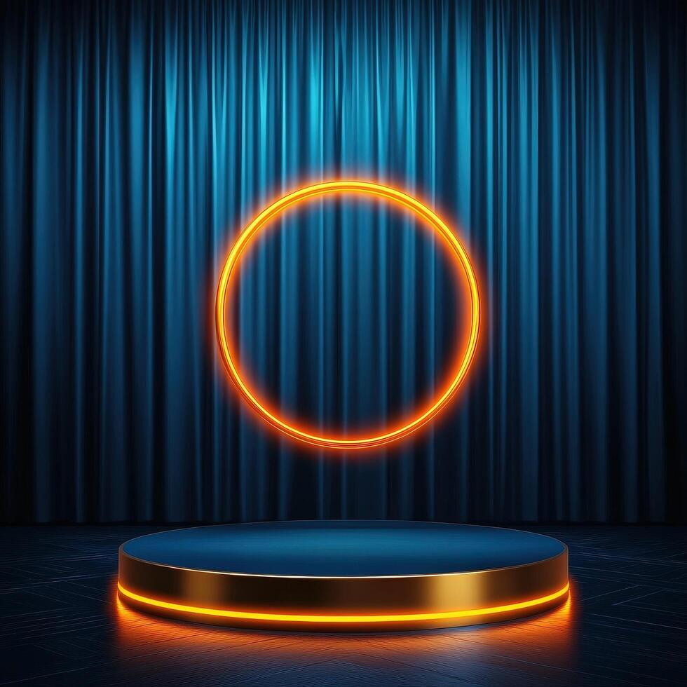 An empty stage with a neon ring on it photo
