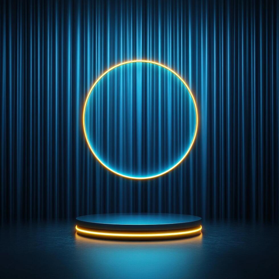 3d rendering of a neon circle on a stage with a spotlight photo