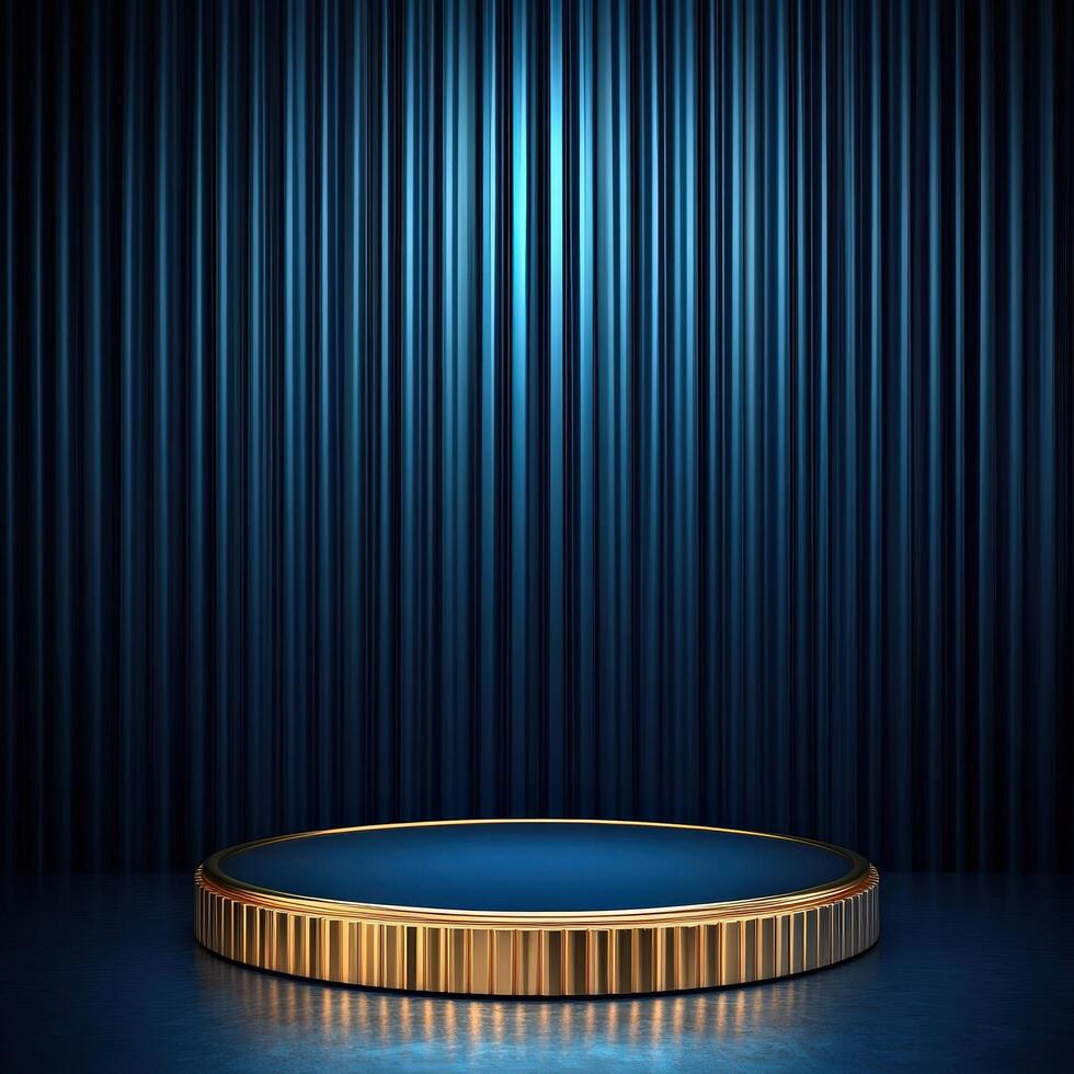 A podium with a blue background and gold trim photo