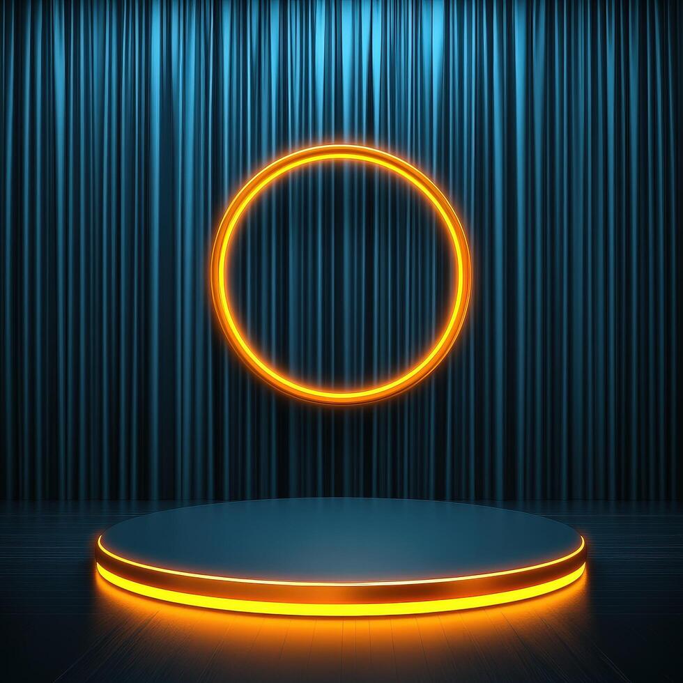 An empty stage with a neon ring on it photo