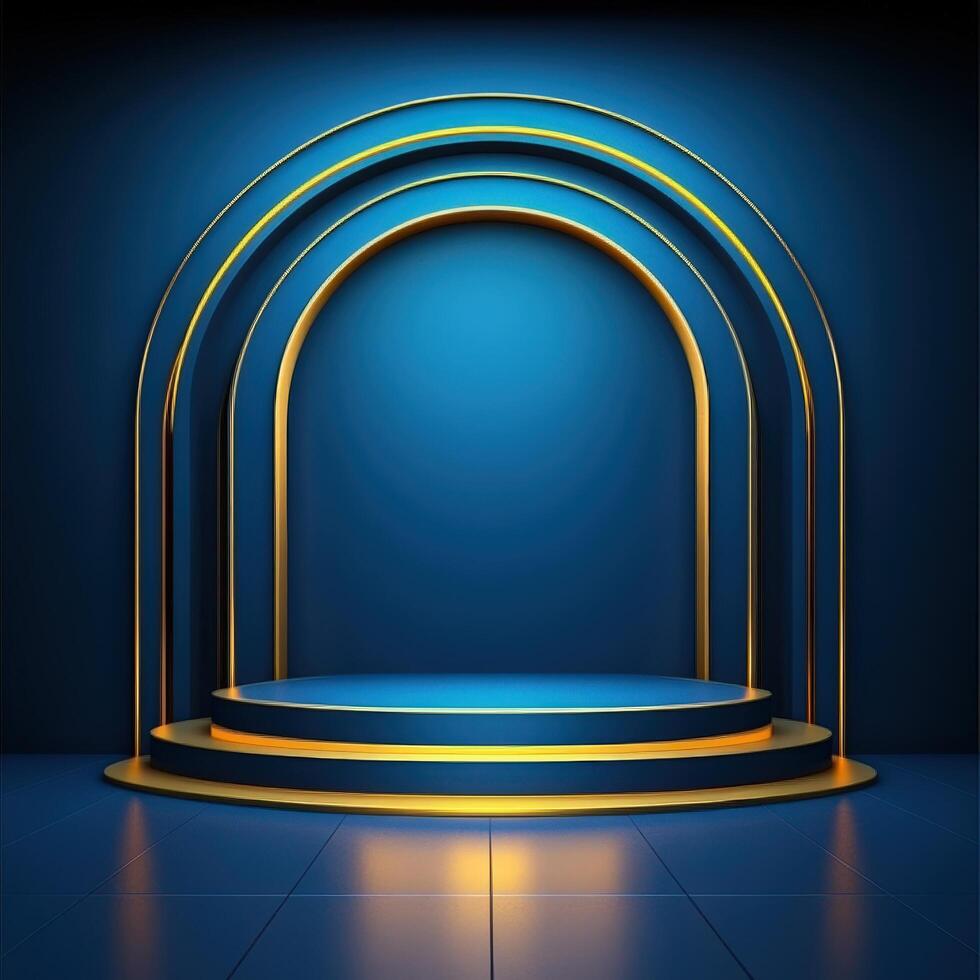 An empty stage with a blue background and a golden arch photo