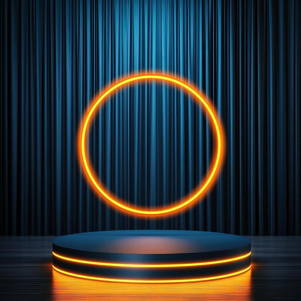 An empty stage with a neon ring on it photo