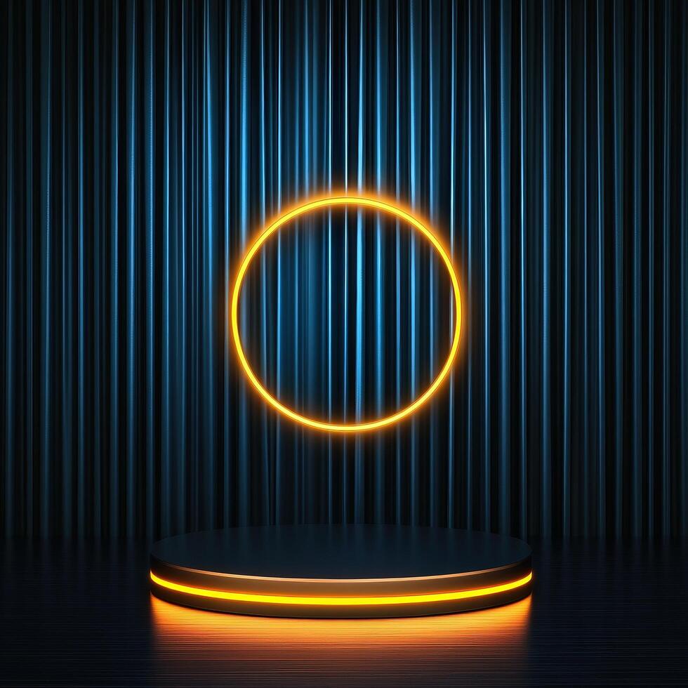 An empty stage with a neon ring on it photo