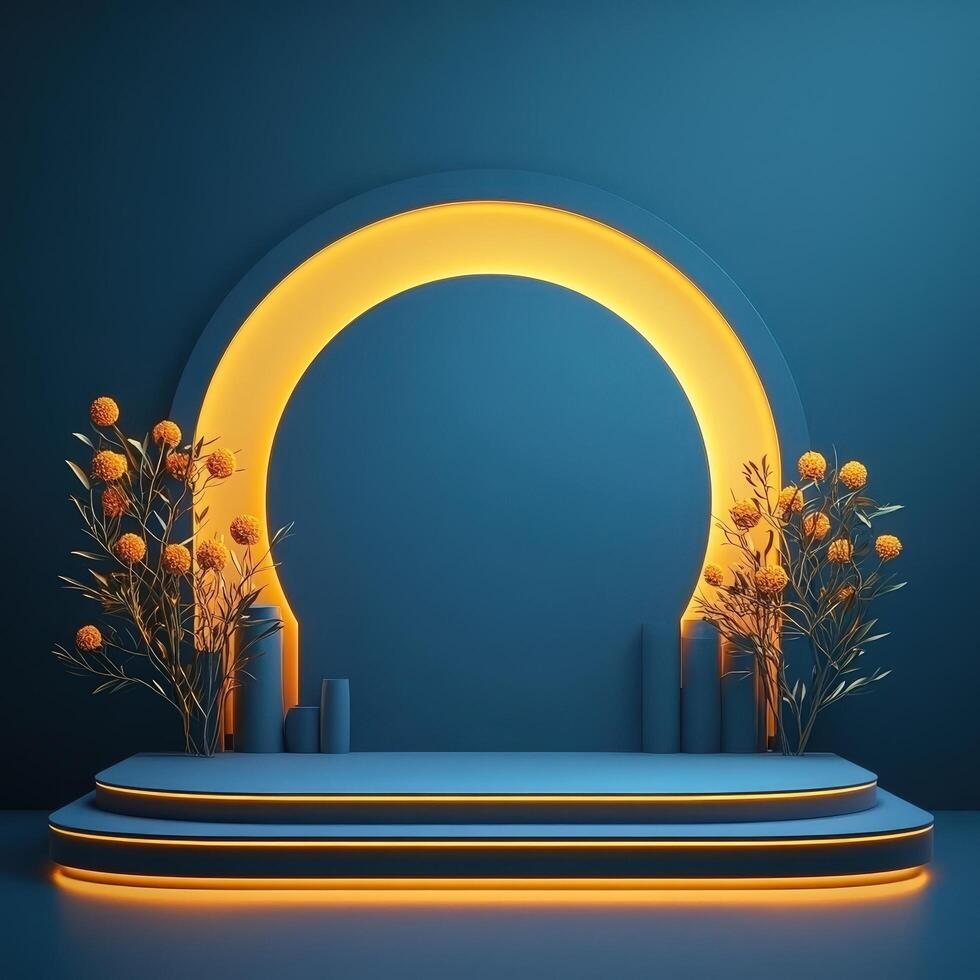 3d rendering of a stage with flowers and a circle photo