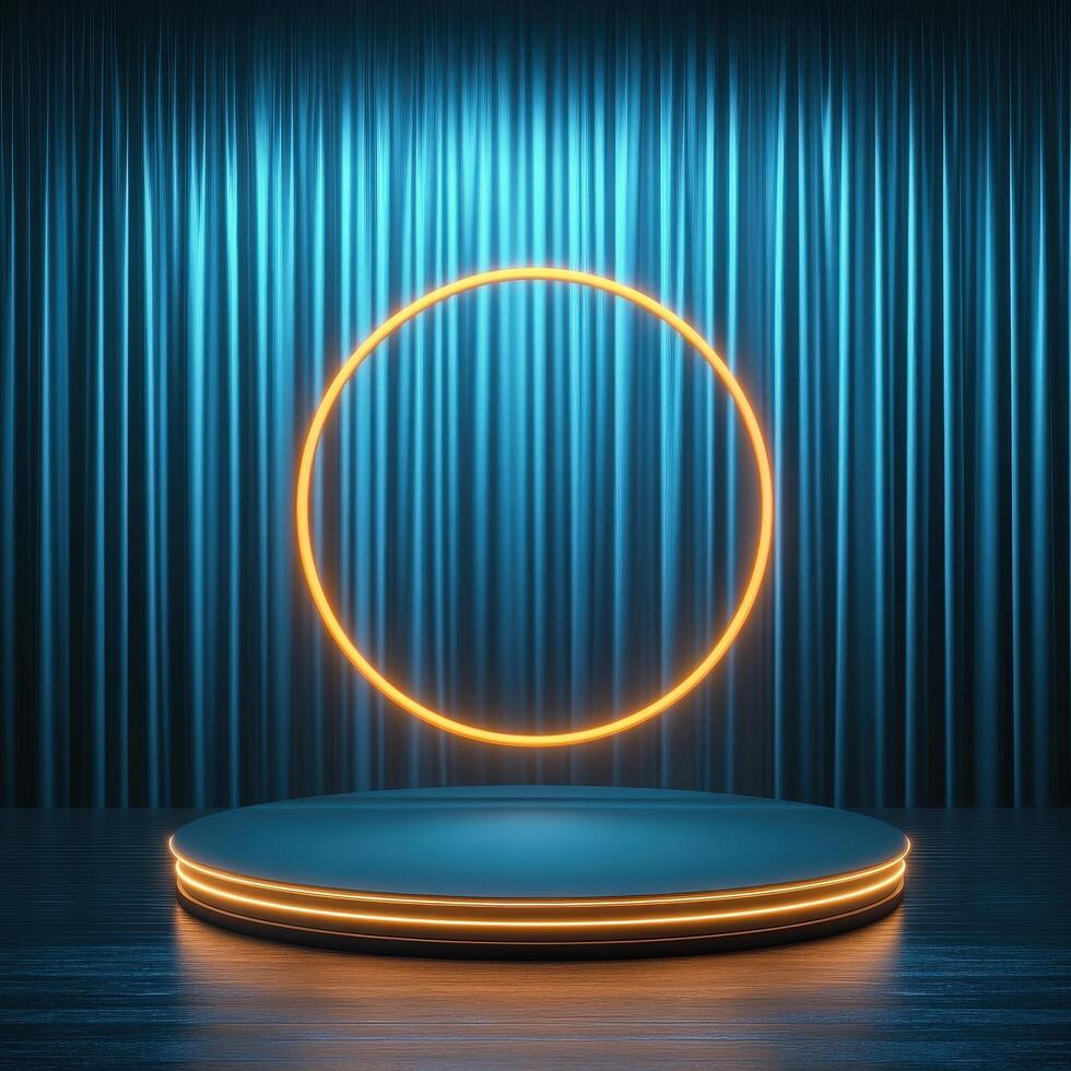 An empty stage with a neon circle on it photo