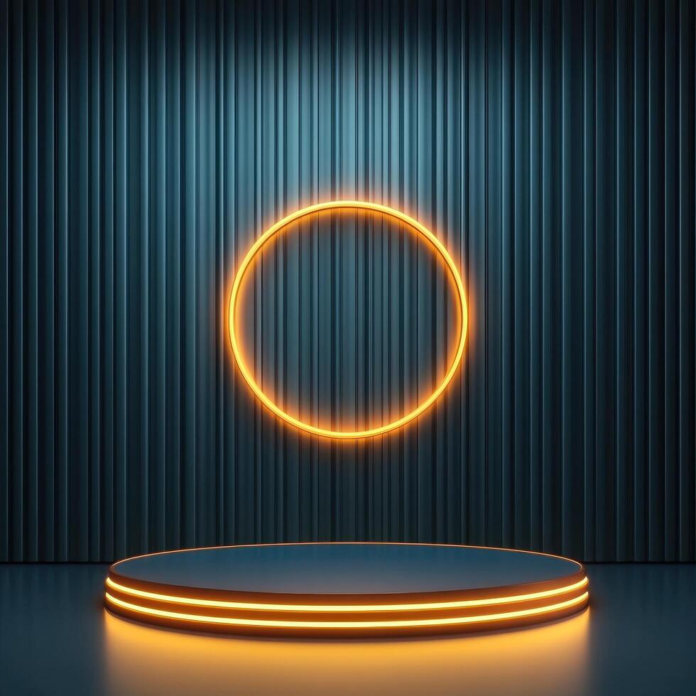 An empty stage with neon lights and a round circle photo