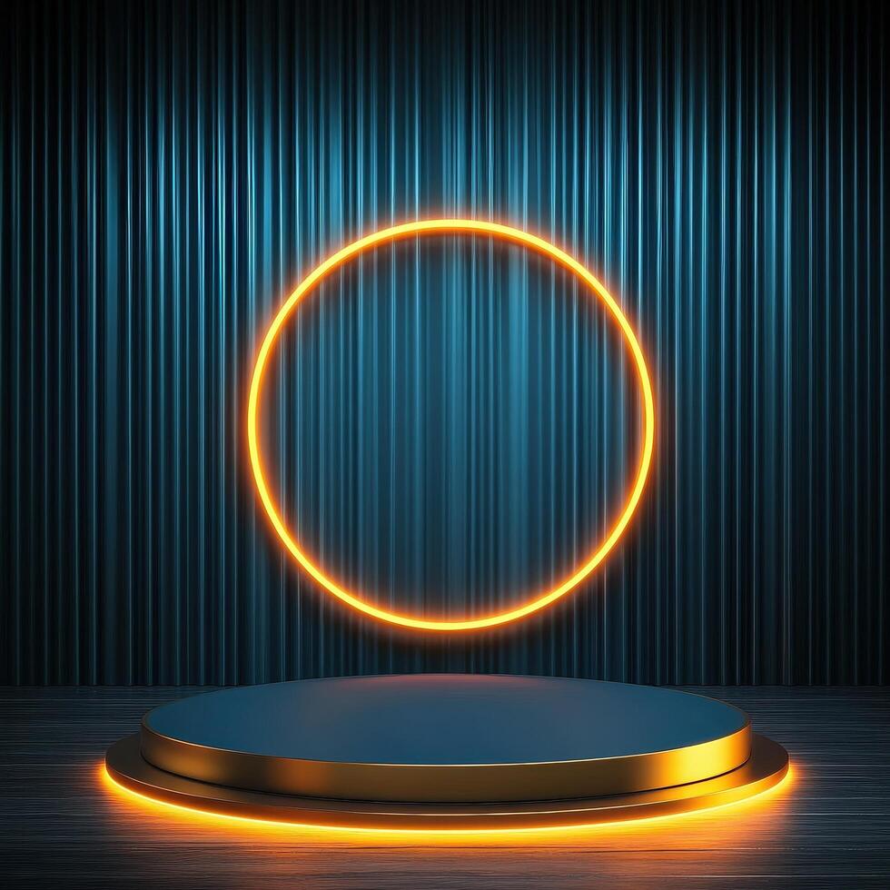 3d rendering of a podium with a neon ring on it photo