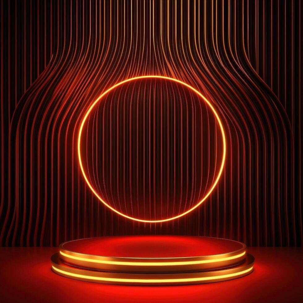Neon lights on a podium with a circle in the middle photo