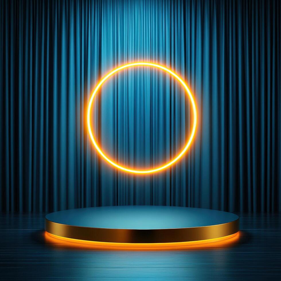 A neon ring on a stage with a curtain photo