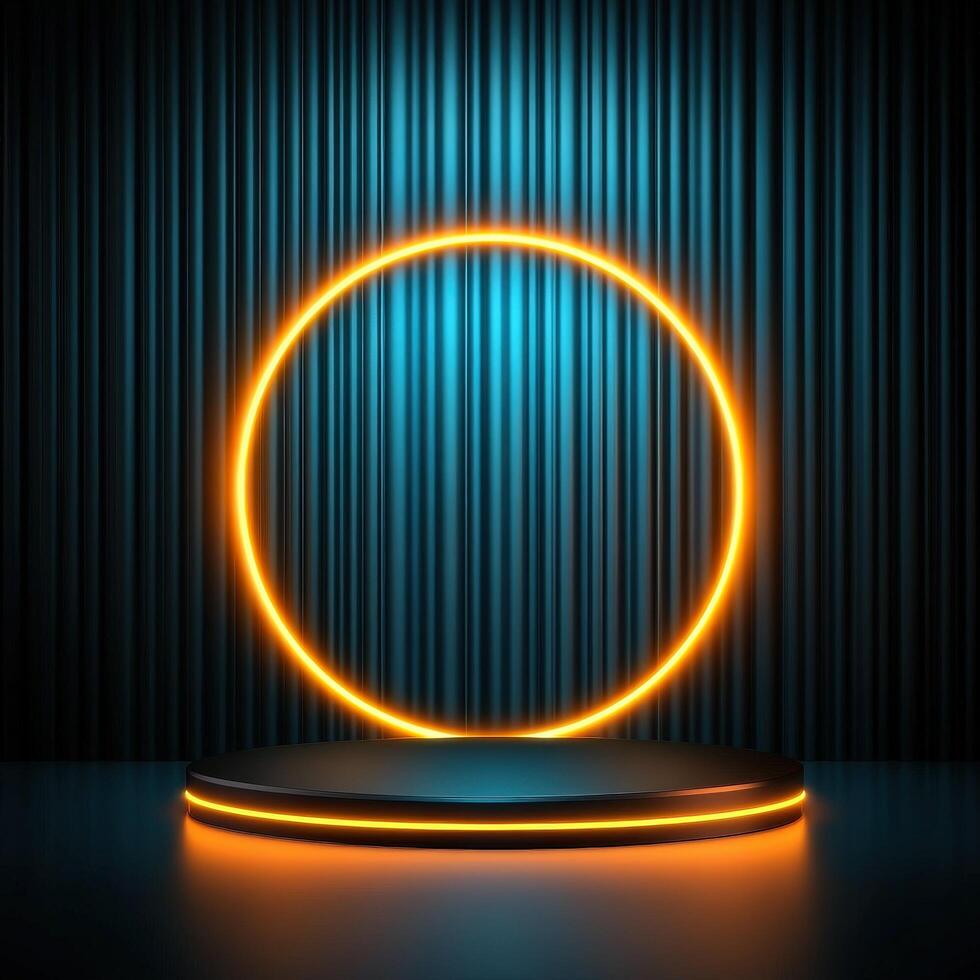 Neon glowing circle on a stand with a dark background photo