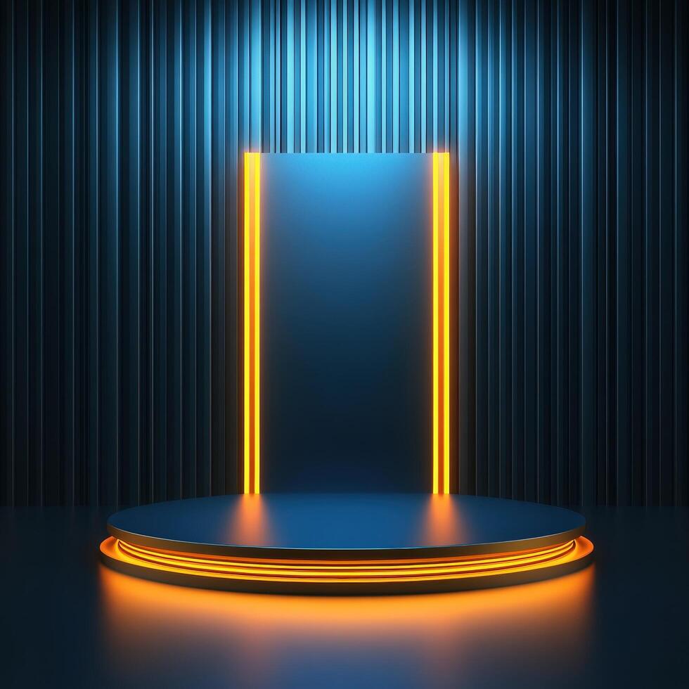 An empty podium with neon lights on it photo