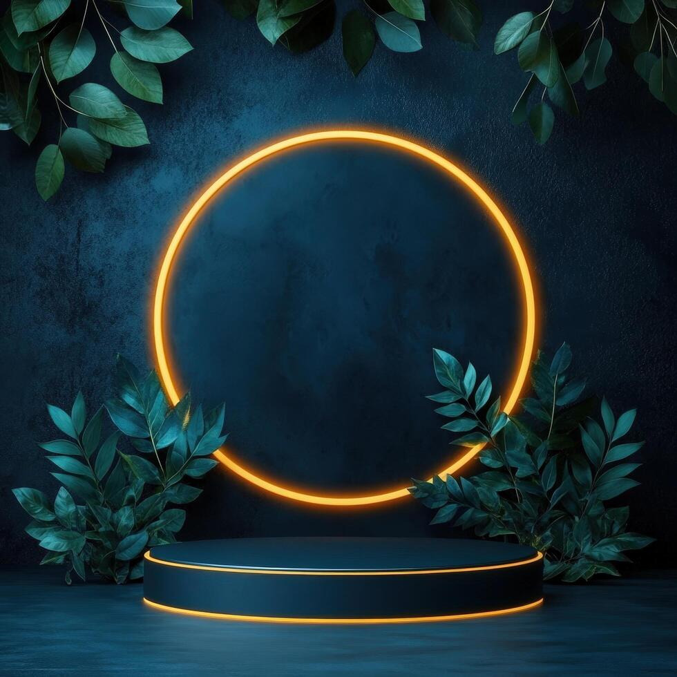 Neon circle with leaves on a dark background photo