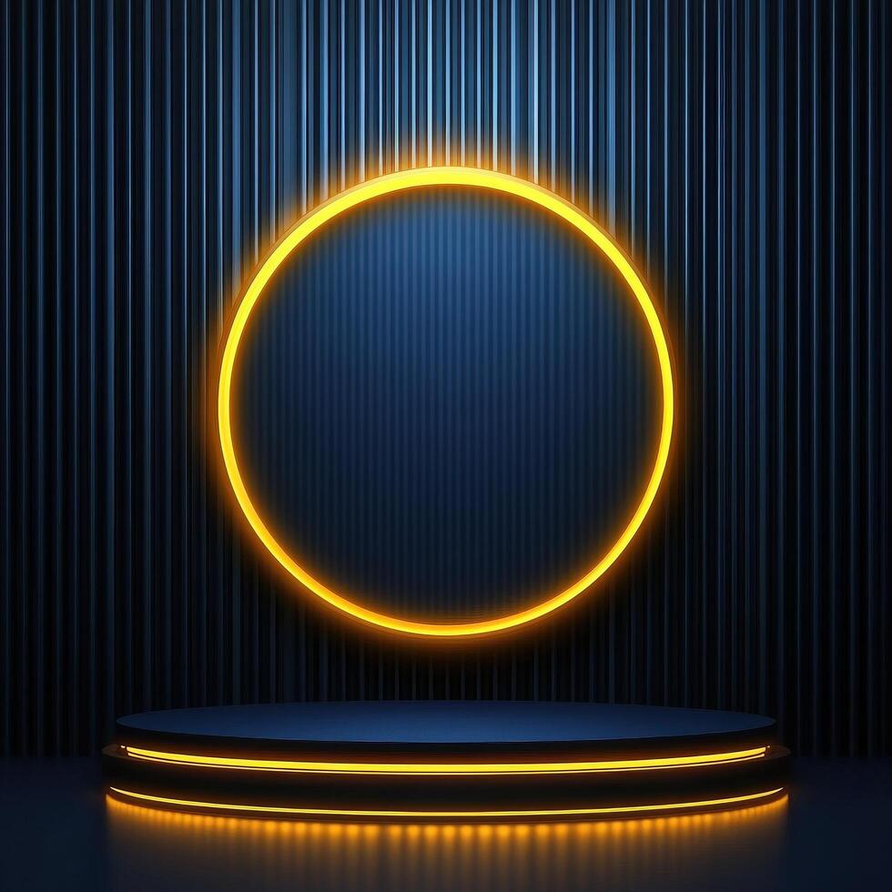 A neon circle on a stage with a black background photo