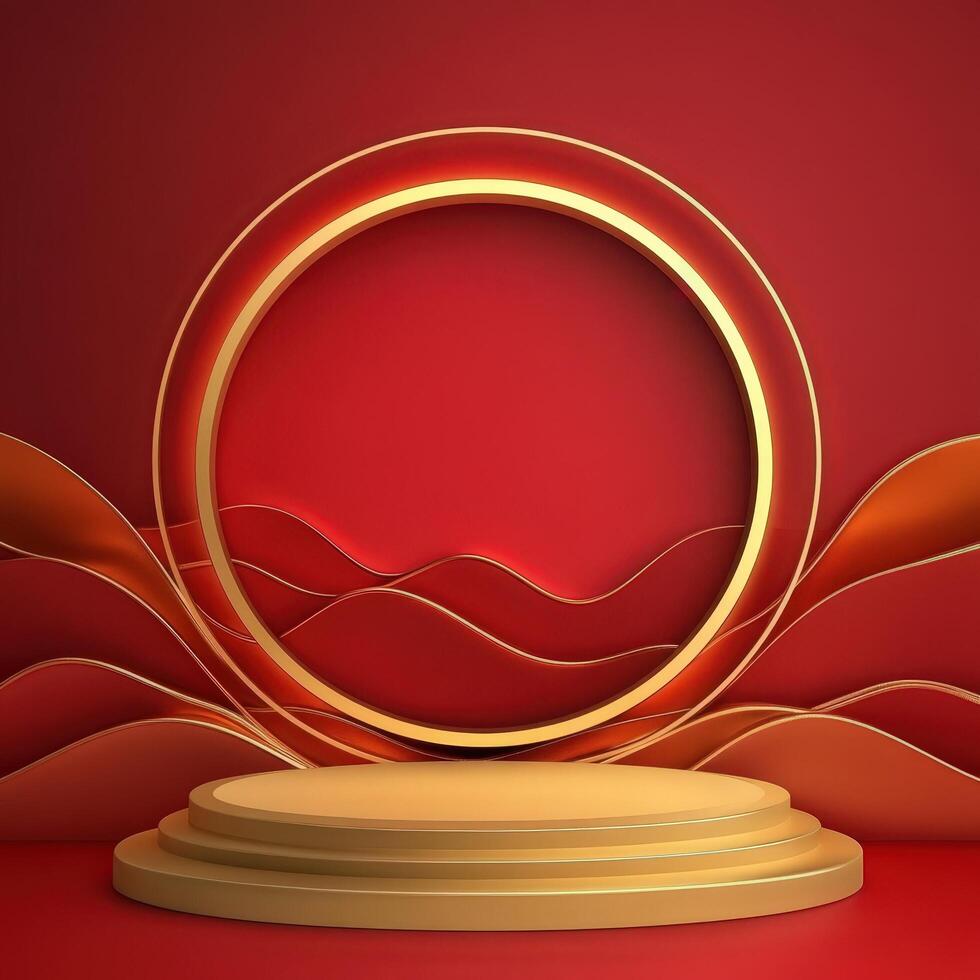 Golden podium with a circular frame on a red background photo