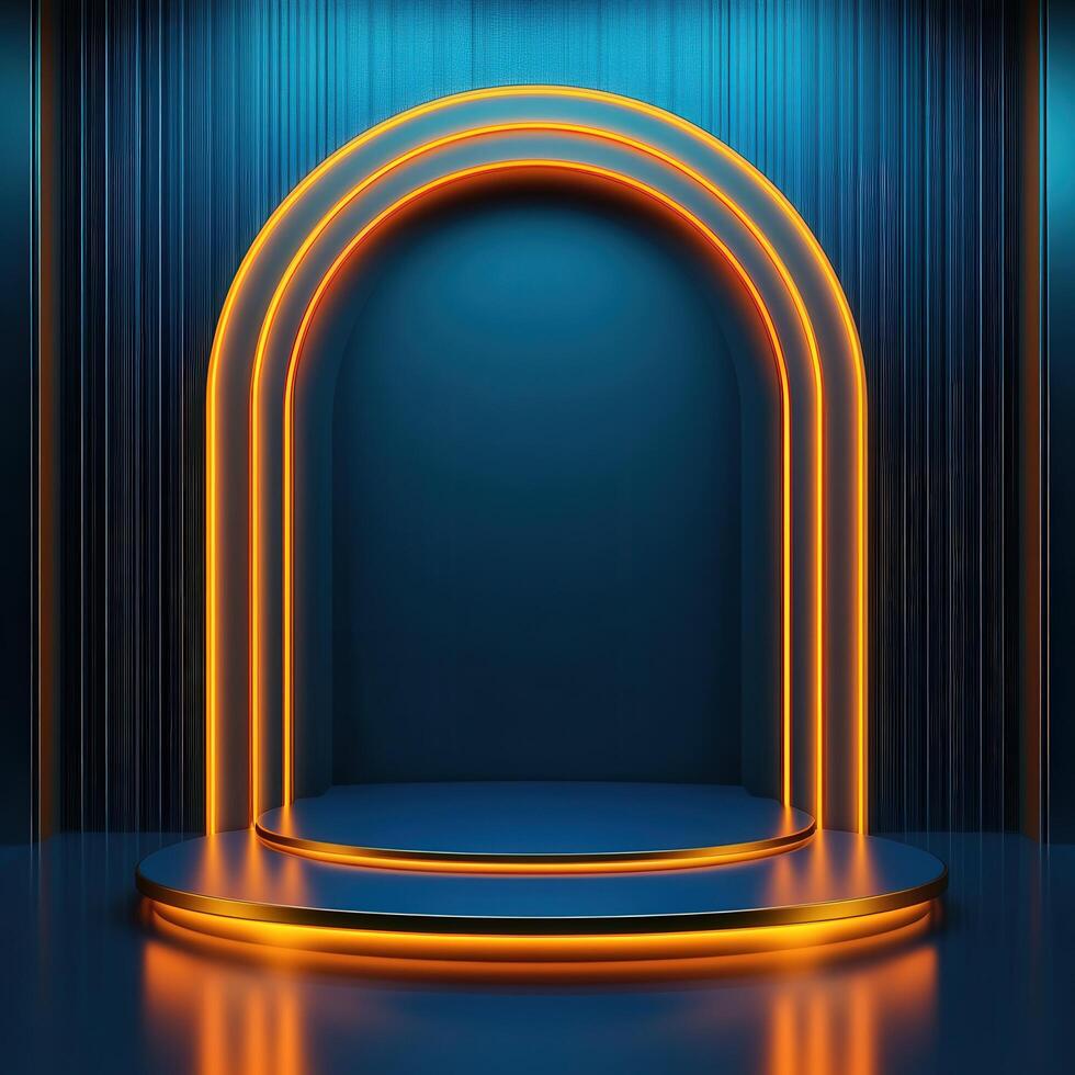 An empty stage with neon lights and a spotlight photo