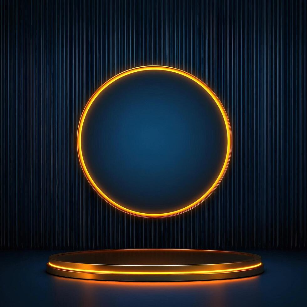 3d rendering of a neon circle on a podium photo