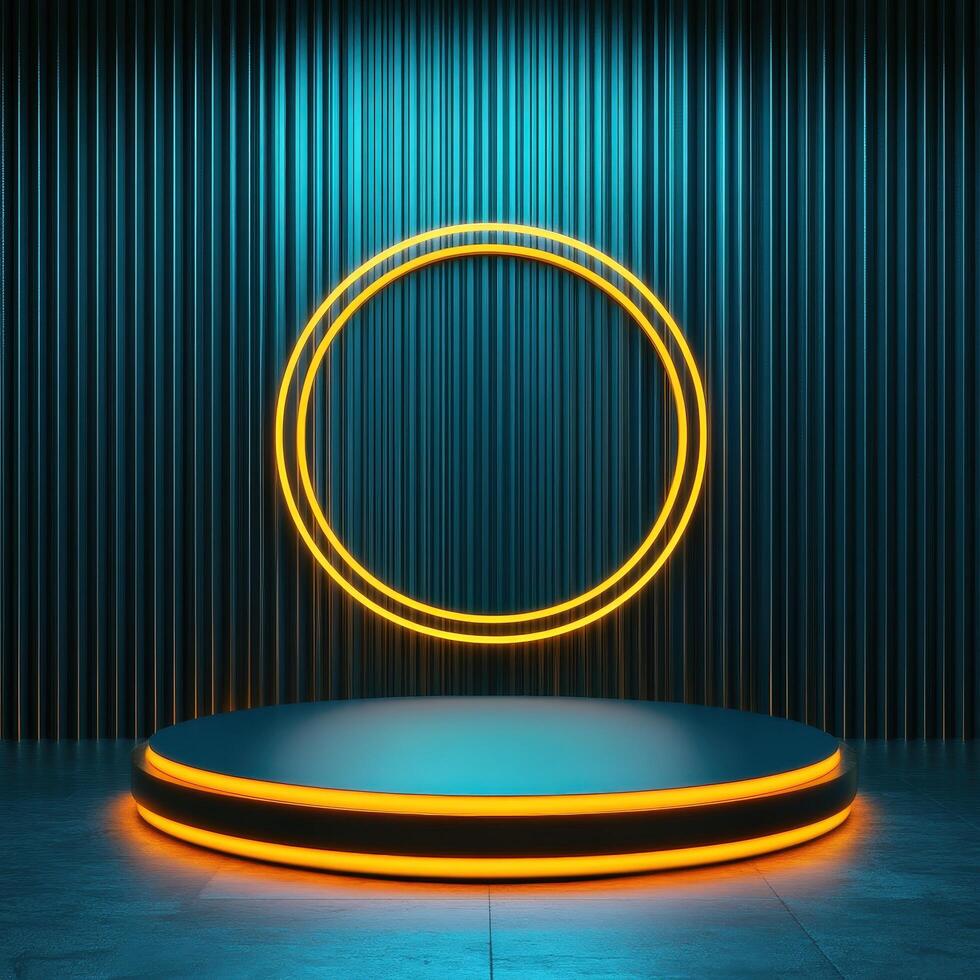 3d rendering of neon ring on stage with neon lights photo