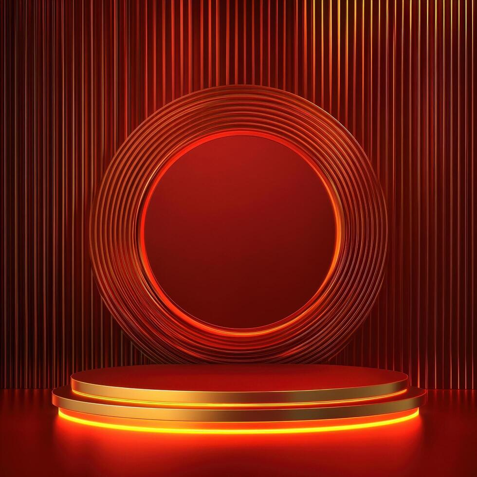 Red and gold podium with neon lights and a round circle photo