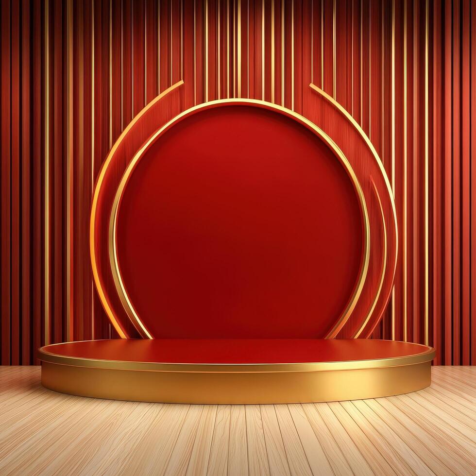 Red podium with gold frame and red wall photo