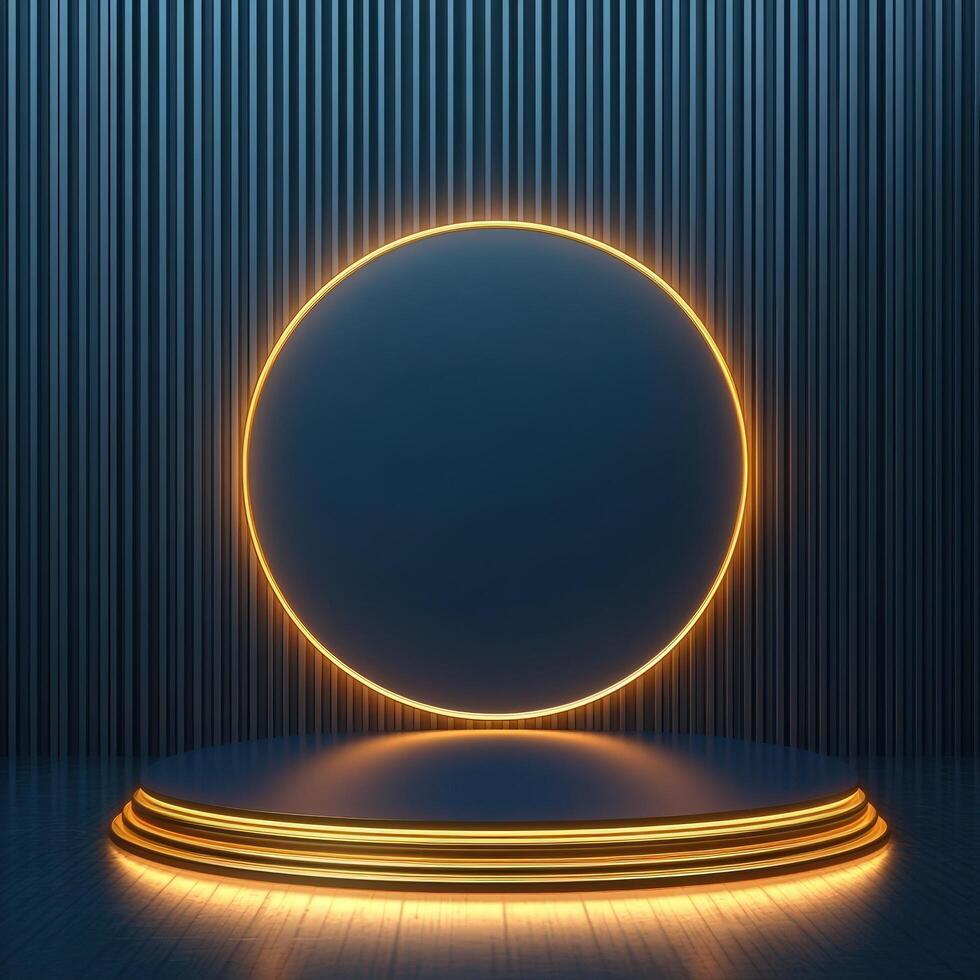 3d rendering of a neon circle on a podium photo
