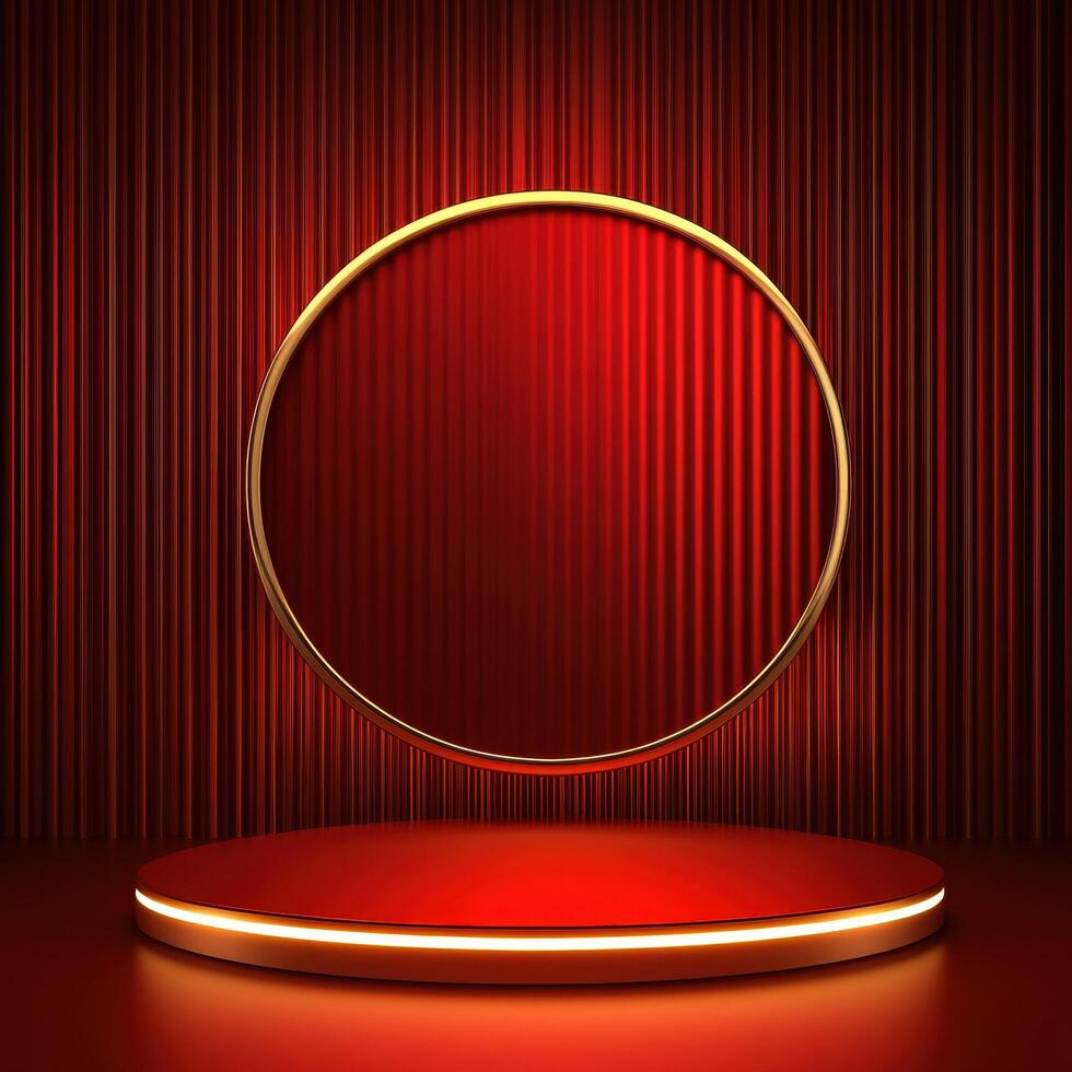 Red background with a round frame and a spotlight photo