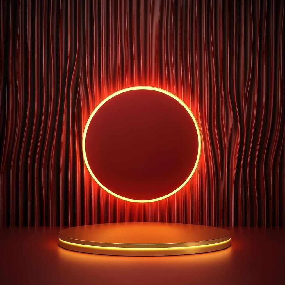 Red neon circle on a wooden platform with red curtains photo