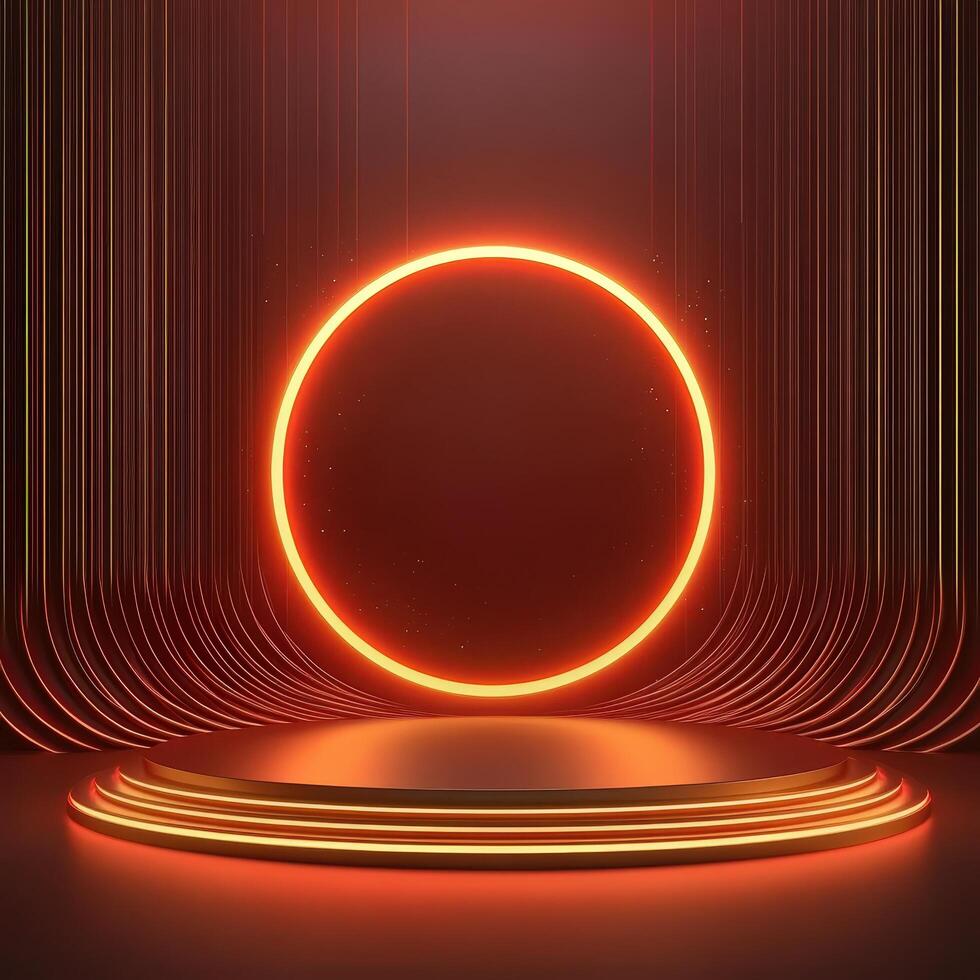 An orange neon circle with a stage in the background photo