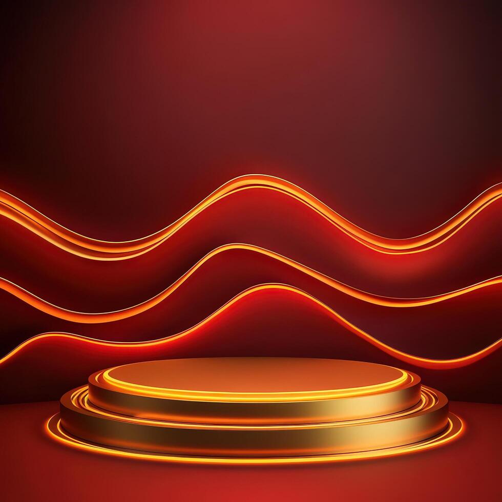 Gold podium with neon waves on a red background photo