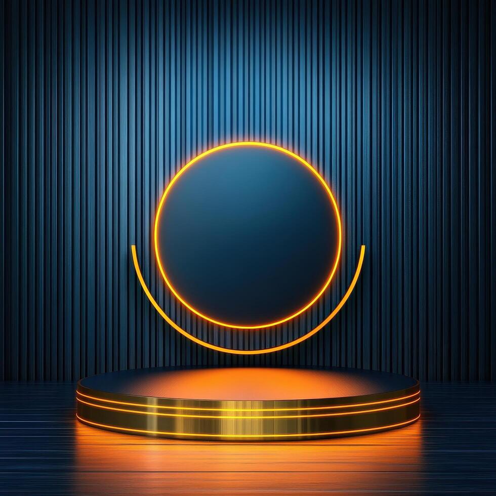 3d rendering of a neon light on a podium photo
