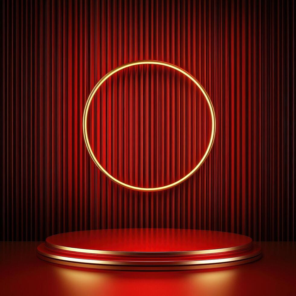 Red and gold background with a round light on a podium photo
