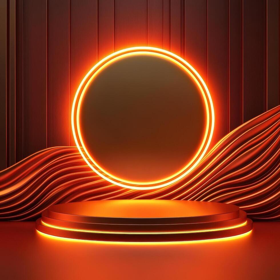 3d rendering of a neon circle on a podium photo