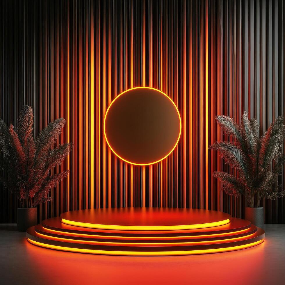 A stage with neon lights and a round light photo