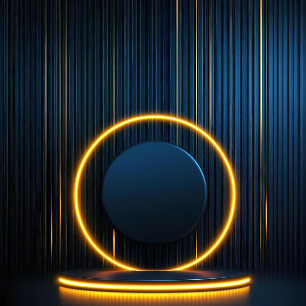 Neon lights on a black background with a round object photo