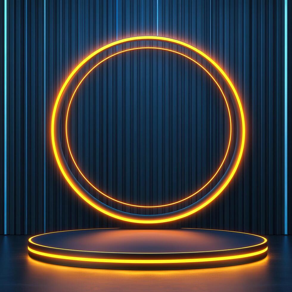 3d rendering of neon circle on stage with blue curtain photo