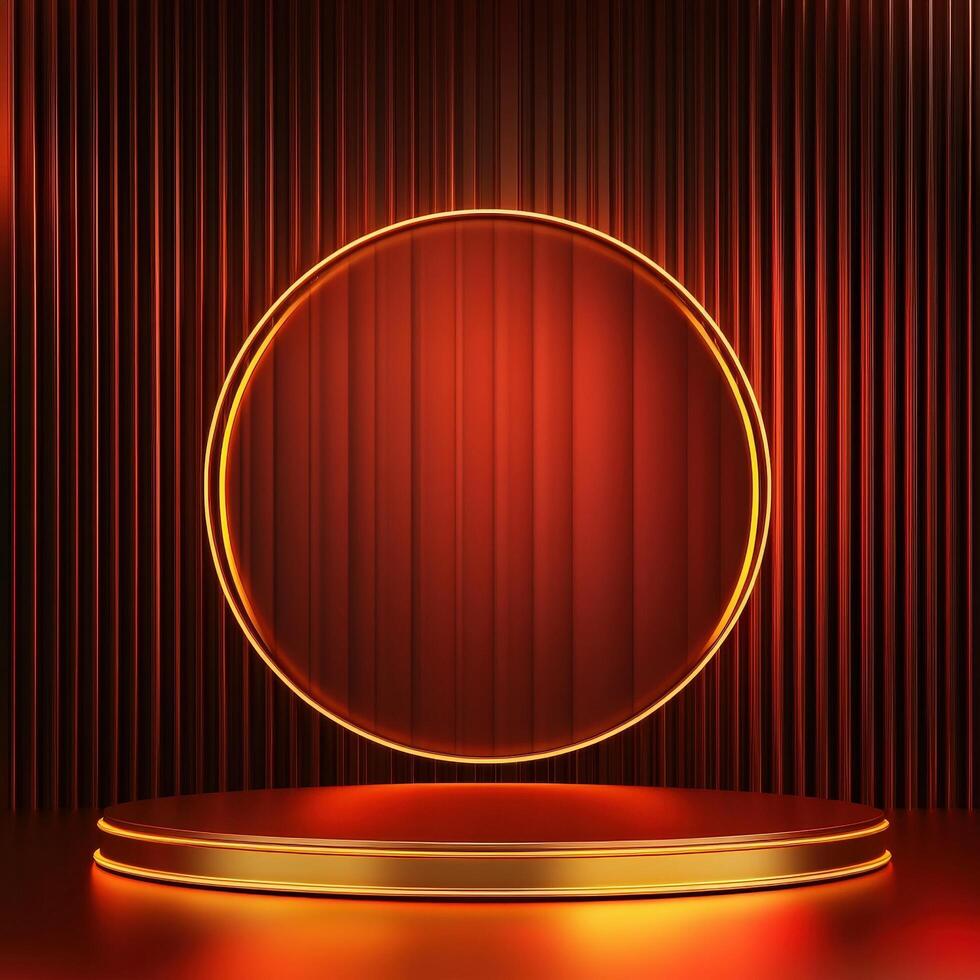 Red and gold stage with a round light on top photo