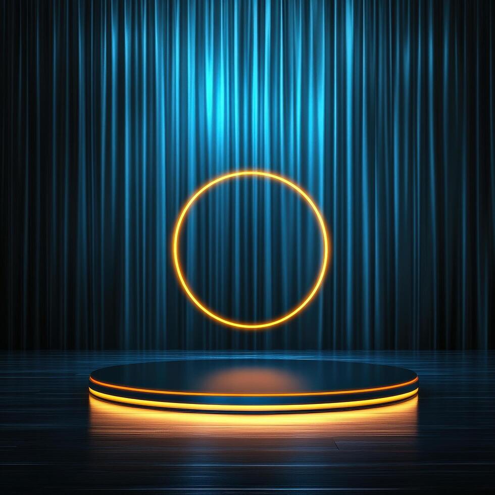An empty stage with a spotlight and a neon circle photo