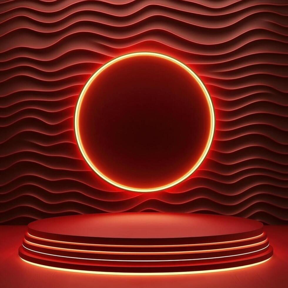 Red neon light on a stage with a circular light photo