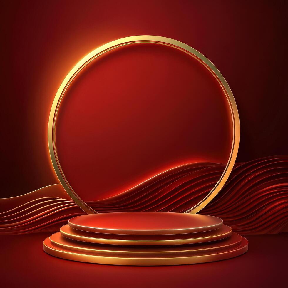 Red background with golden podium and circular frame photo