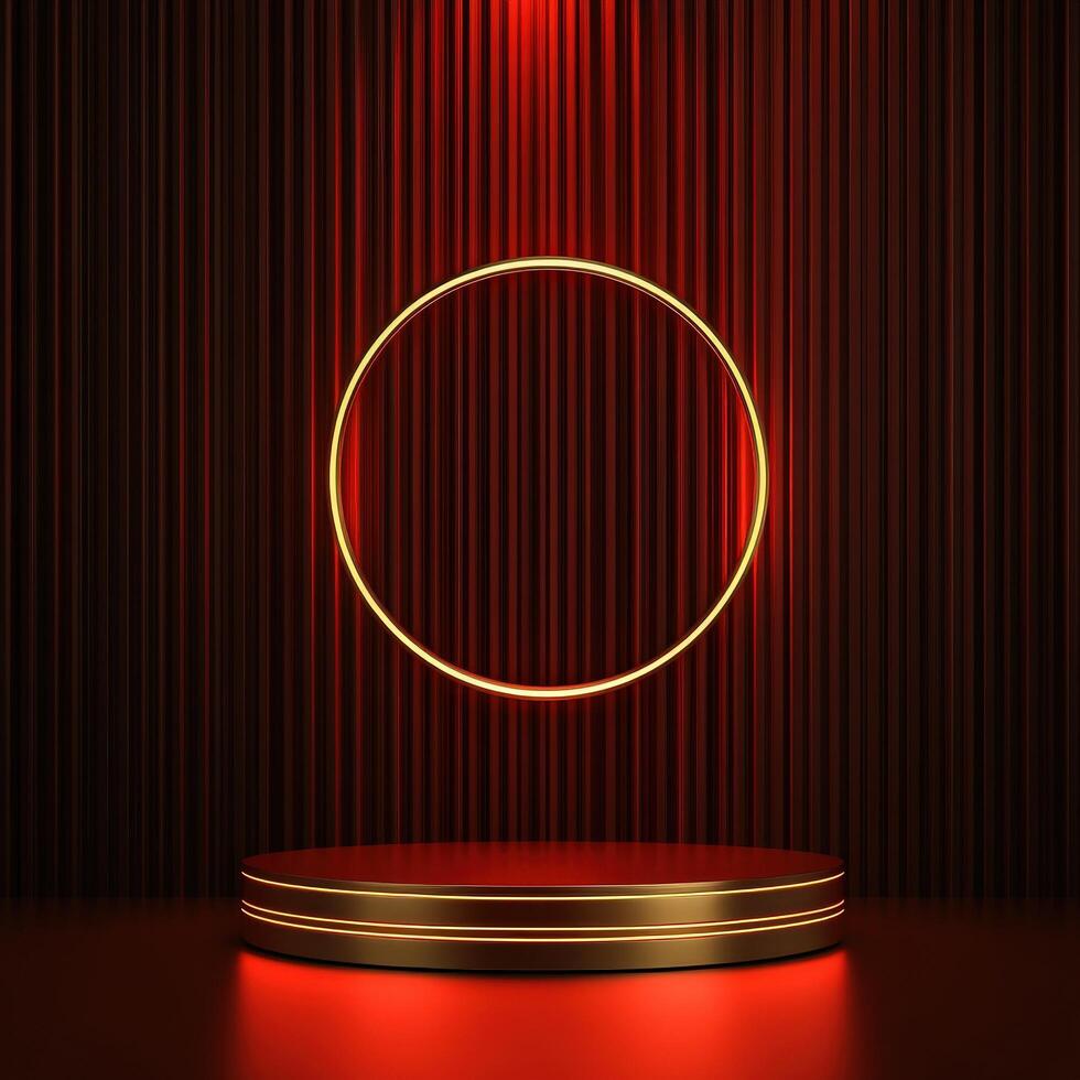 Red neon circle on a podium with red lights photo
