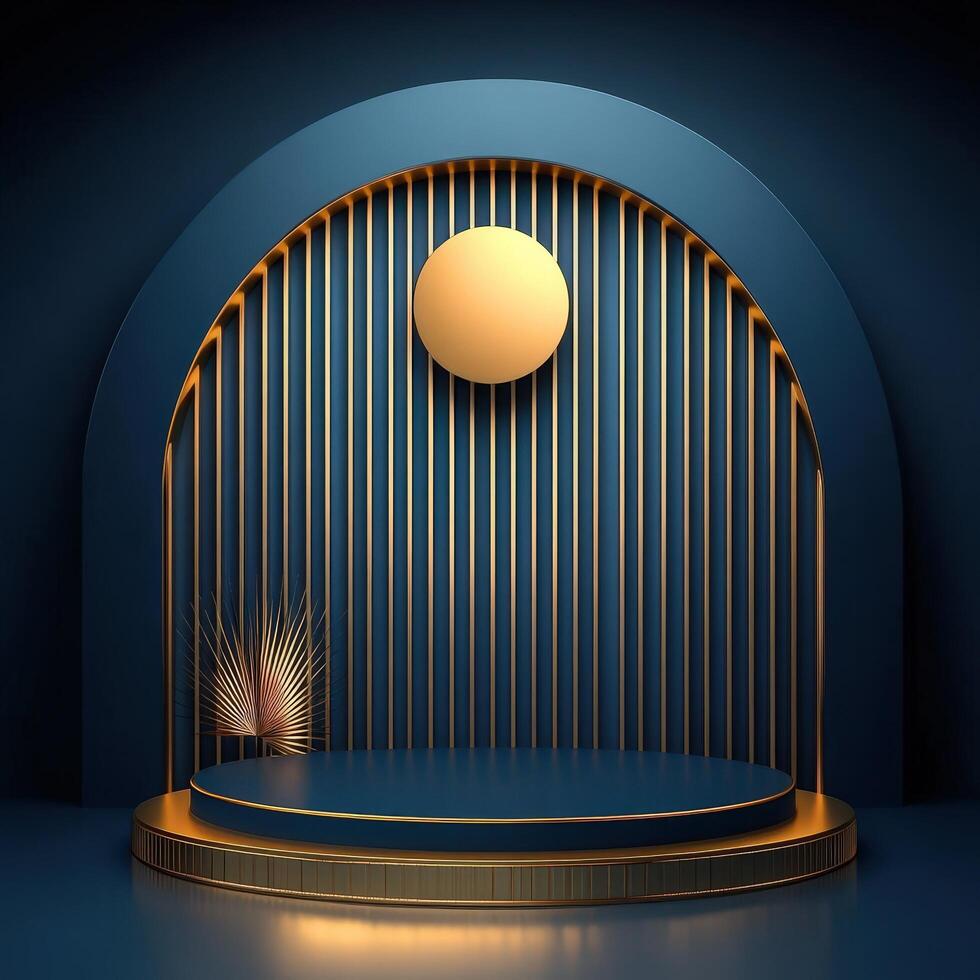 A stage with a golden light and a golden curtain photo